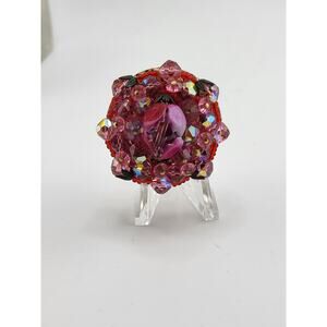 Vintage Pink Beaded Flower Brooch Rhinestone Bouquet Mid-Century Czech Glass